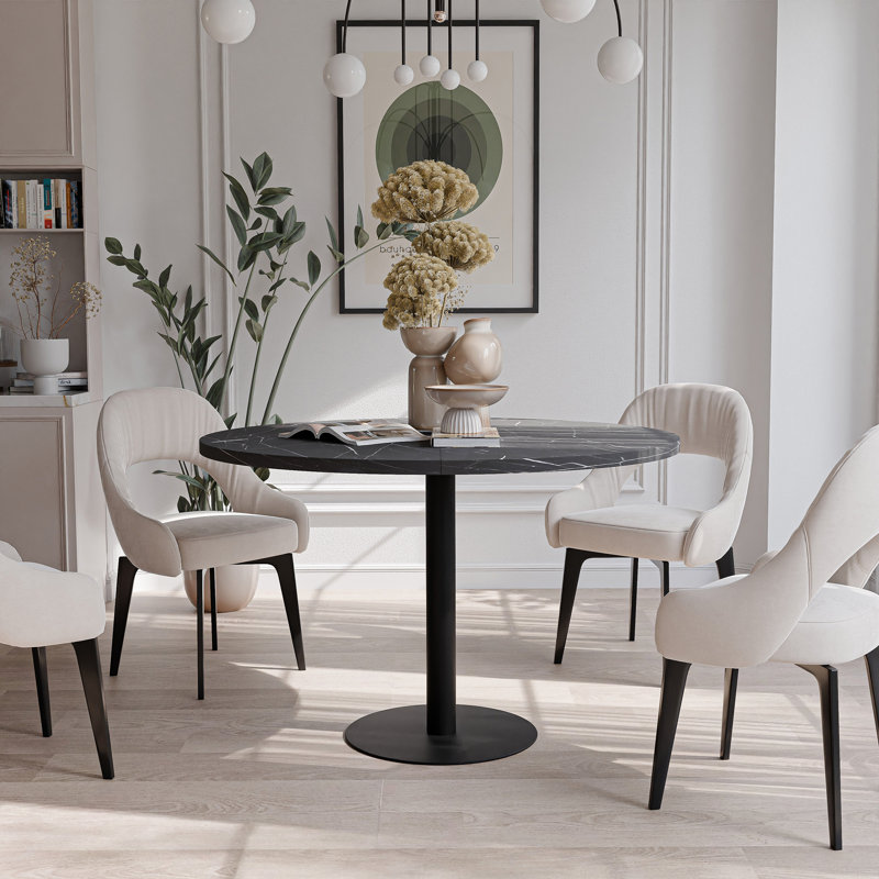Extendable Round Dining Table, White, Grigia Pietra