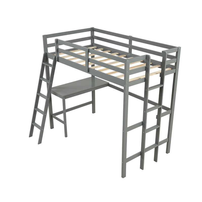 Diamonde Twin Loft Bed Frame W/desk Angled And Built-in Ladder Solid Wooden Frame Gray