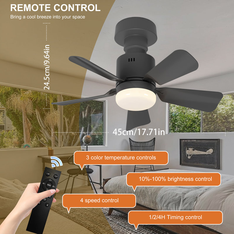 Skylan 45cm 5 - Blade E27 Socket Ceiling Fan with LED Light and Remote, Black