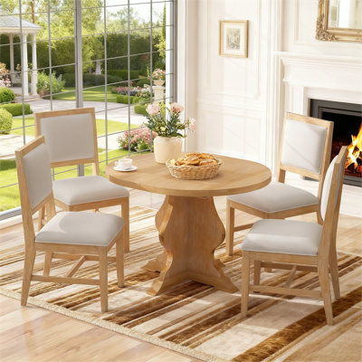 5-Piece Farmhouse Extendable Dining Table Set with 4 Upholstered Chairs, Solid Wood Dining Room Set with 15.7" Leaf, Rustic Kitchen and Living Room Fu