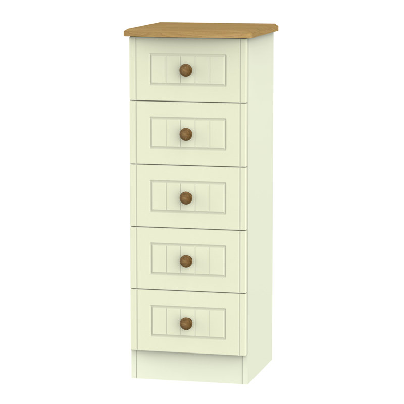 Fully Assembled Saxena 5 Drawer Chest, Cream with Oak Finishing