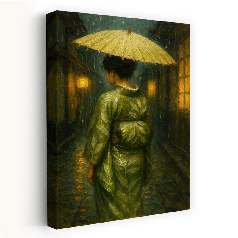 Geisha japonaise avec parapluie dans la soirée, art mural contemporain, H 24 po x l 16 po