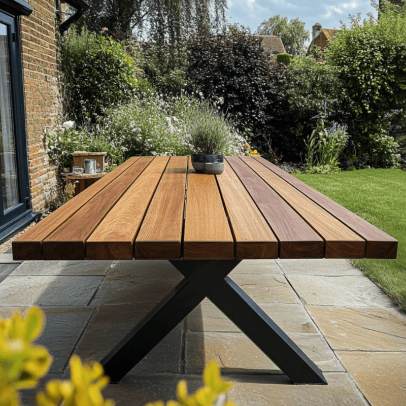 Rustic Iroko Outdoor Garden Table with Aluminium Legs, 77cm H x 300cm W x 120cm D
