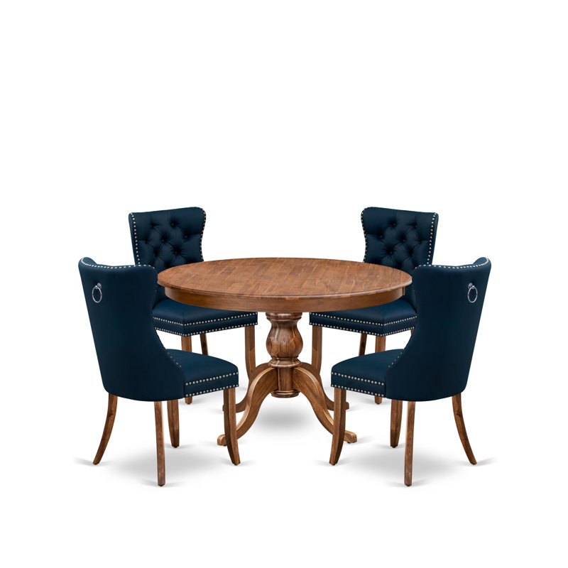 Ensemble de table de salle à manger 5 pièces, comprenant 4 chaises de salle à manger en polyester bleu marine avec un dossier capitonné et une table ronde de 48 po au fini noyer antique.