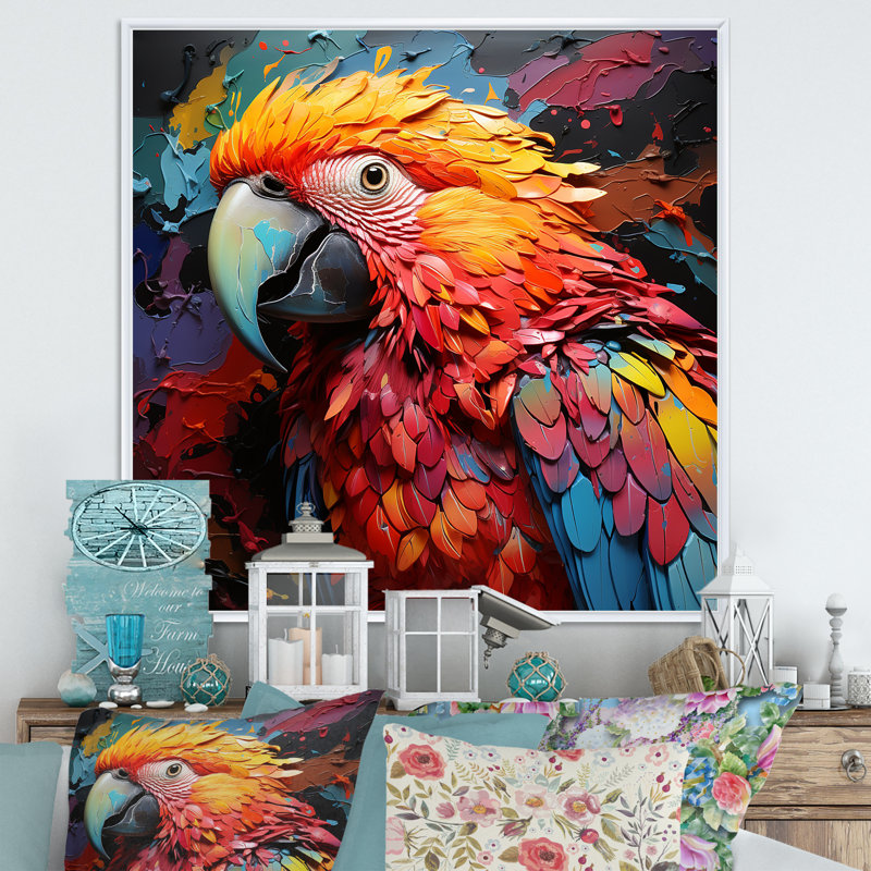 «Parrots Colorful Encounters I», reproduction sur toile, Cadre flottant blanc, H 36 po x l 36 po x P 1,5 po