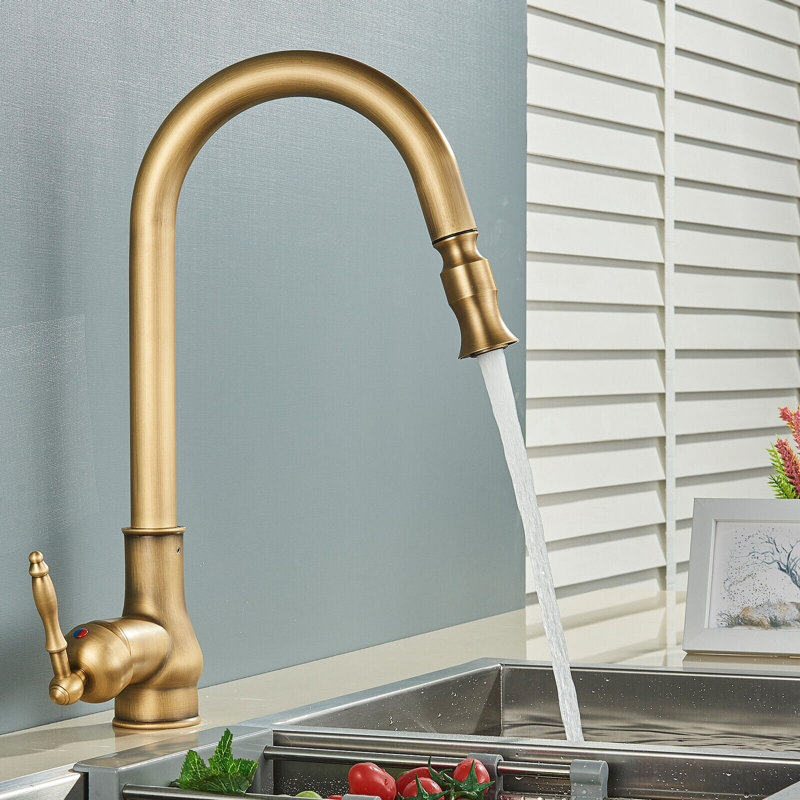 Antique Brass Kitchen Sink Mixer Taps Sprayer Pull Out Head Single Lever Mono Faucet Set