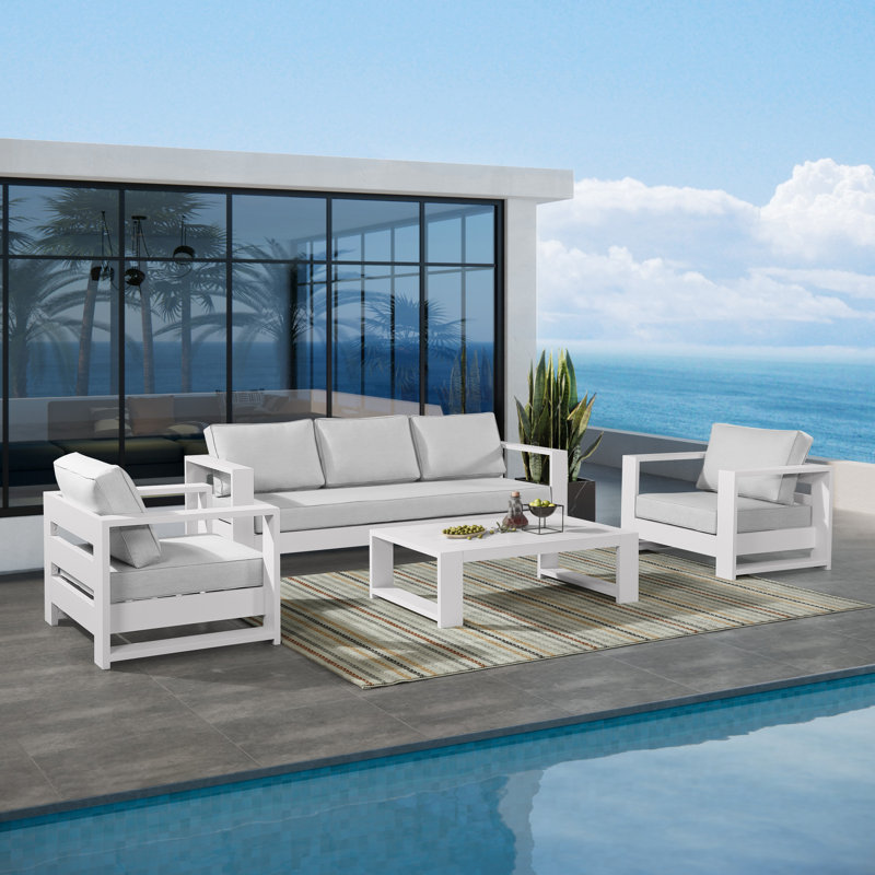 Hoyt Outdoor Aluminum Conversation Set with Coffee Table, Light Gray, 4 Pcs: Coffee Table, 1 Sofa, 2 Chairs, White