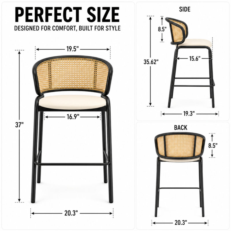 Tabouret de bar à hauteur de comptoir en cuir PU Daishun, chaise d'îlot de cuisine à dossier bas en osier moderne, tabouret de bar de luxe en acier inoxydable noir mat avec repose-pieds