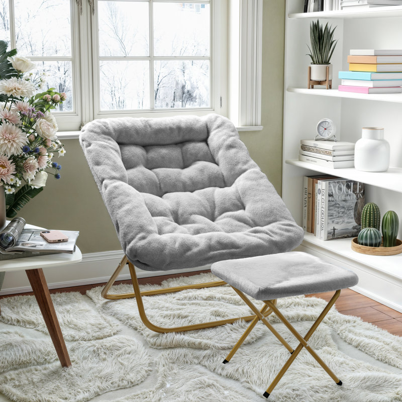 Fauteuil surdimensionné rembourré avec soucoupe et repose-pieds, Polyester gris