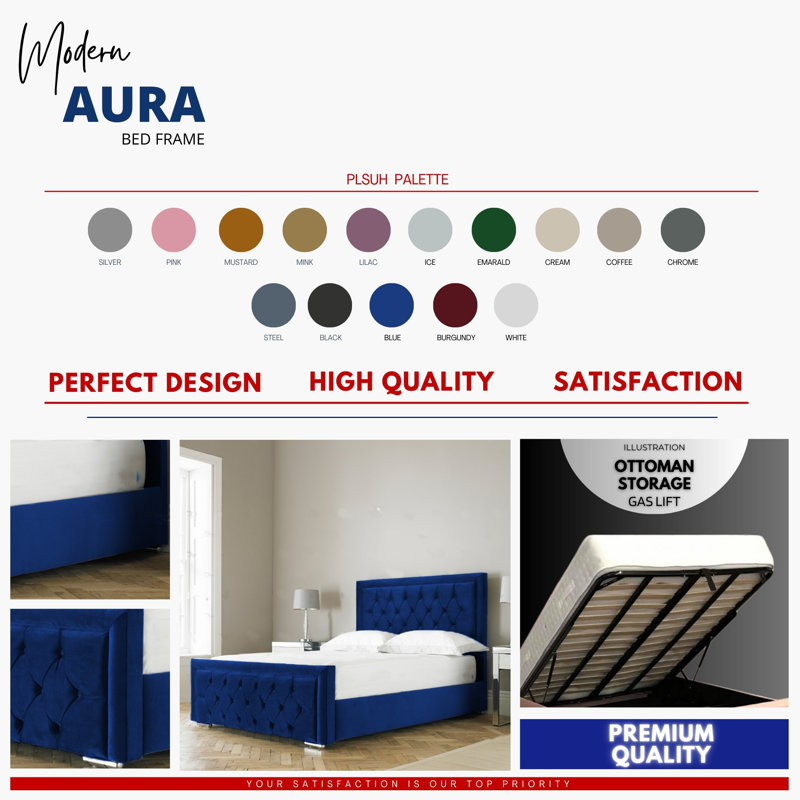 Aura Averian Upholstered Ottoman Storage Bed - Plush Velvet Gas Lift Bed Frame with Headboard, Super King (6'), Blue