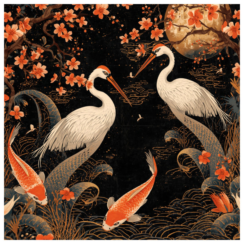 Couvre-lit matelassé Cranes and Koi, Grand lit