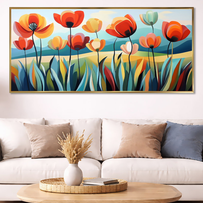 Ryker III orange - bleu, impression encadrée botanique, décoration murale rétro, H 28 po x l 60 po, Cadre flottant doré