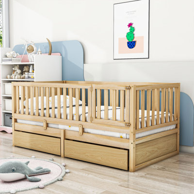 Wood 2 Drawers Floor Bed with Guardrails