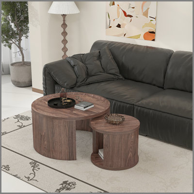 Round Nesting Coffee Table Set of 2, Natural wood color Coffee Table, 31.5" Large & 18" Small Low Tables with Wood Top, Center Table for Living Room,
