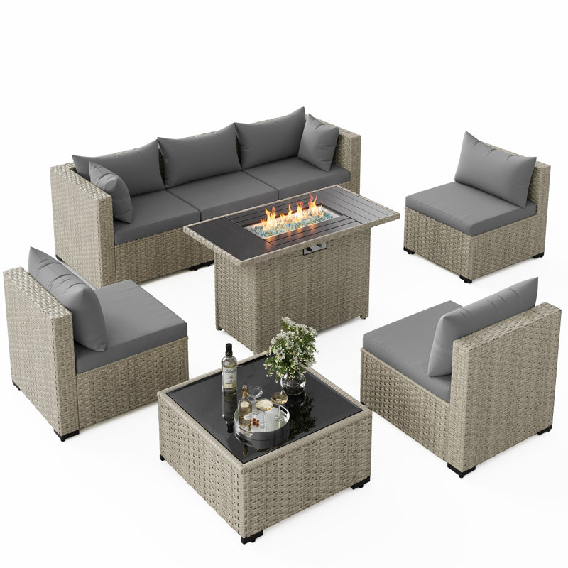 8-Piece Patio Conversation Set With Fire Pit Table, Coffee Table, And Cushions, Gray