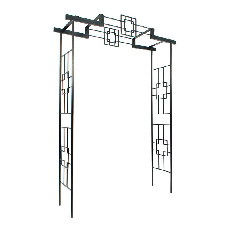 Graphite Wrought Iron Modern Arch Arbor with Spiked Stakes