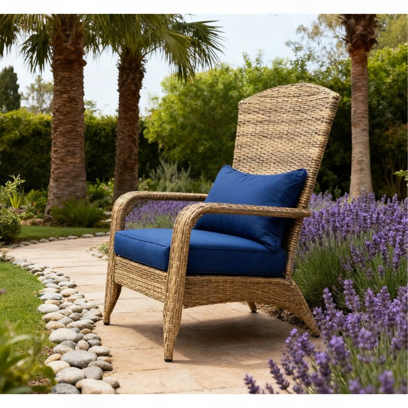 Soft Cushions Chair,Patio Chair With Rattan Wicker, Tall Curved Backrest For Indoor, Outdoor, Natural, Blue