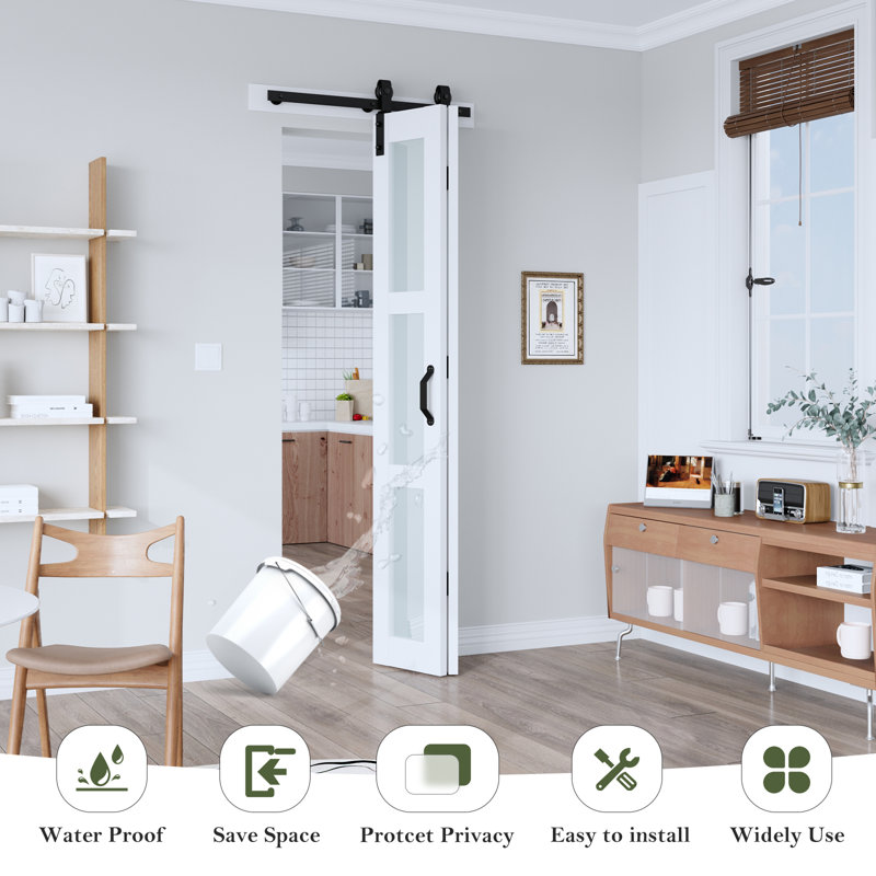 Glass And Solid Manufactured Wood Bi-Fold Barn Door With Installation Hardware Kit, 30" x 84", 2
