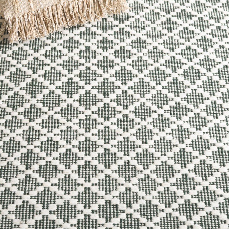 Workington Hand Woven Wool/Cotton Geometric Rug in Green/Ivory, Runner 2'3" x 9'