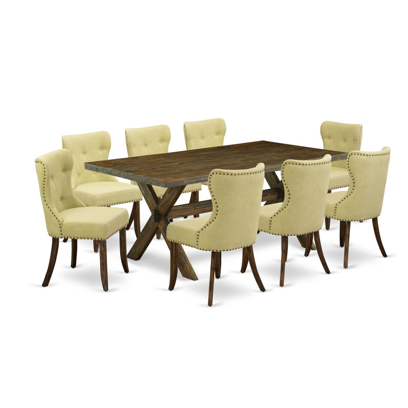 Ensemble de salle à manger 9 pièces pour la cuisine - 8 chaises avec siège en tissu de lin Limelight et dossier capitonné à boutons - Plateau de table rectangulaire et pieds croisés en bois au fini jacobin vieilli