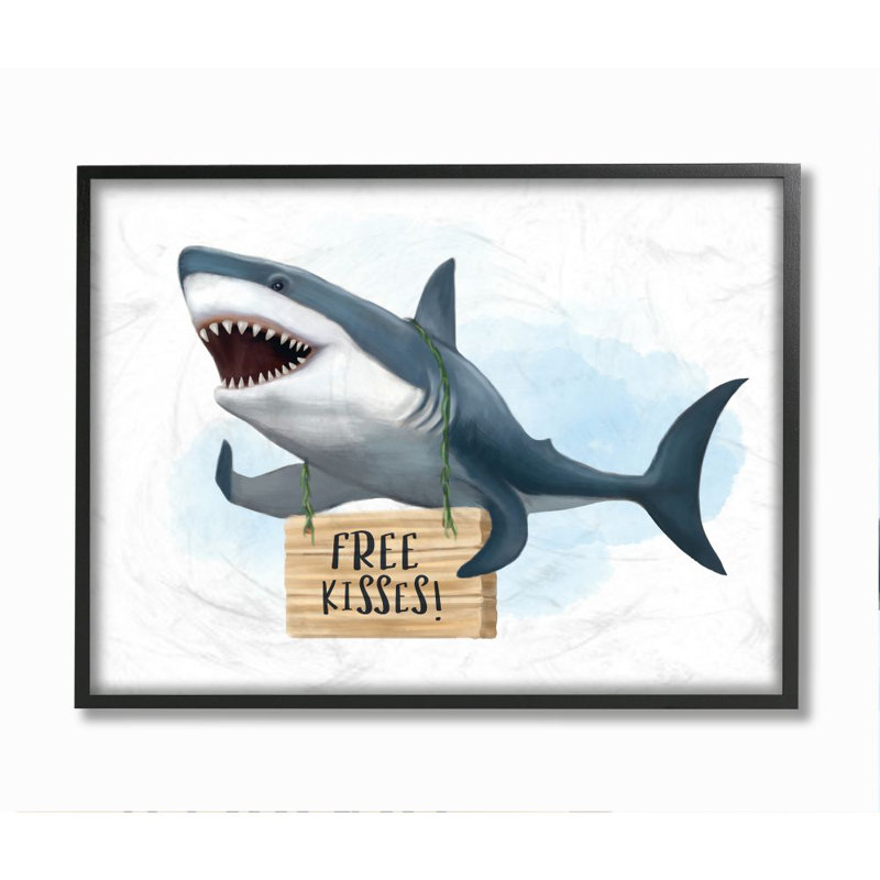 Impression d’art graphique, "Nautical Shark Free Kisses", Giclée encadrée noir minuit, H 11 po x l 14 po x 1,5 po