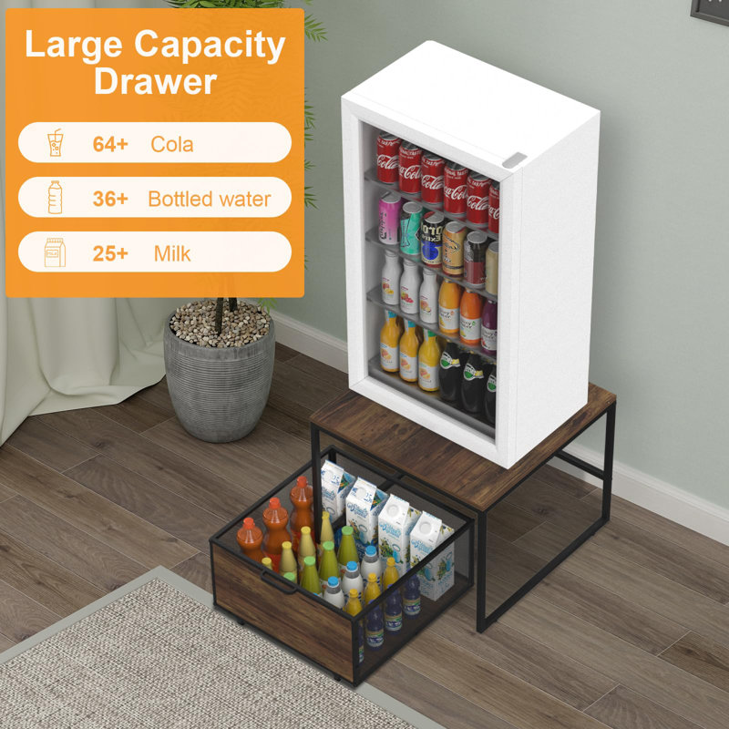 Mini Fridge Stand With Storage And Mobile Drawer Basket In Rustic Brown And Black