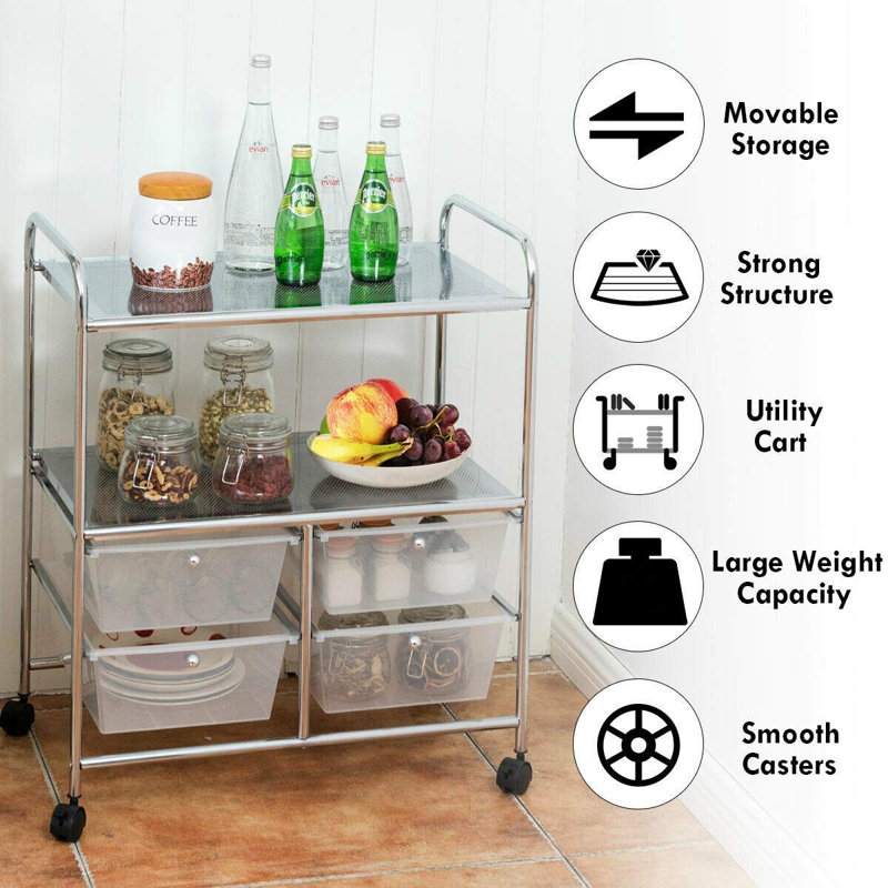 29.5'' H x 25'' W Utility Cart with Wheels, Silver/Clear
