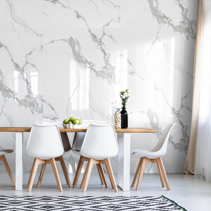 Rouleau de panneau mural en vinyle l 118 po x l 47 po pour décoration murale, Blanc de Carrare