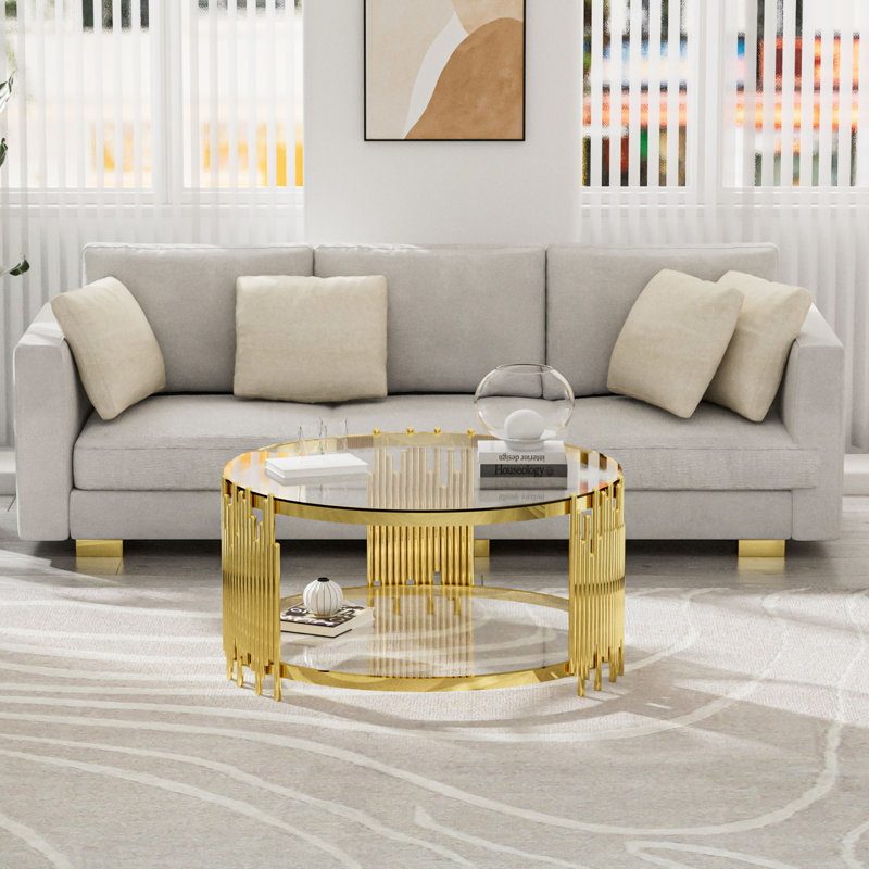 Tionah 35.4" W x 17.7" H 2-Tier Round Tempered Glass Top Coffee Table, Deluxe Gold Stainless Legs Sofa Table, Clear