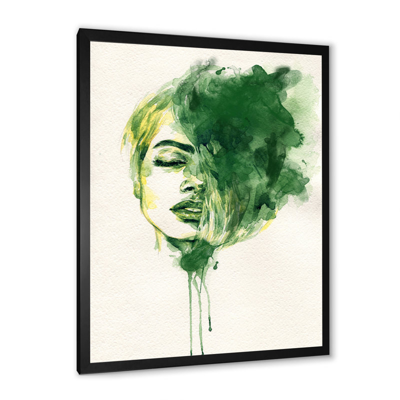 «Green Ink Fashion Portrait» - décoration murale sur toile glam, H 36 po x l 24 po, Toile avec cadre noir
