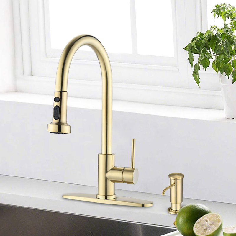 Brushed Gold Stainless Steel Kitchen Faucet With Pull-Down & Soap Dispenser - Scratch, Rust, And Spot Surface 360 Swiveling Spout Potent Spray Capability 1.8Gpm Flow Pull Down In 360-Degree Rotatable
