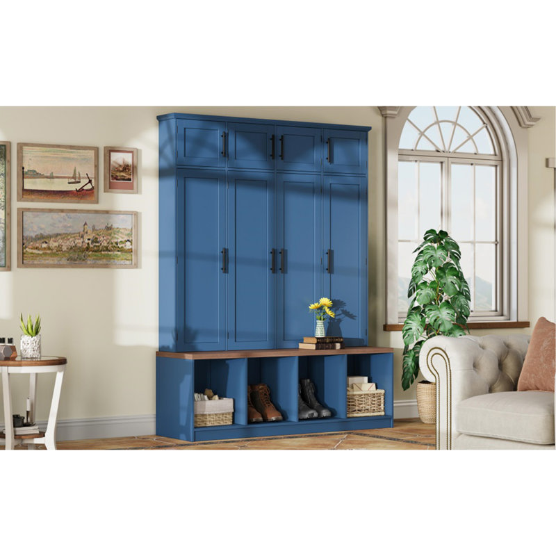 Arbre d'entrée de style campagnard avec 4 crochets cachés, banc polyvalent en noyer avec 8 portes, armoire à chaussures avec compartiment ouvert pour le salon, bleu