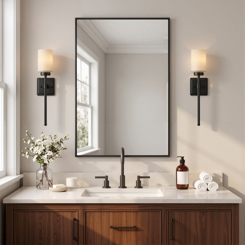 Applique murale simple à bras avec abat-jour en verre nervuré, Noir mat