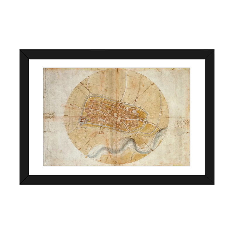 « map of imola, 1502 » par leonardo da vinci-impression d’art graphique sur toile tendue, Papier avec cadre noir, Blanc