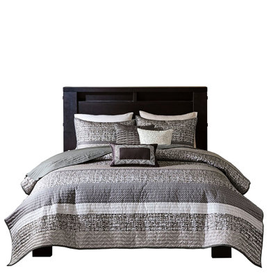 Grey/Taupe Reversible Quilt - Full/Queen 90% Cotton Filling Embroidered & Pleated Decorative Pillows Machine Washable Bedding 10% Other Fibers