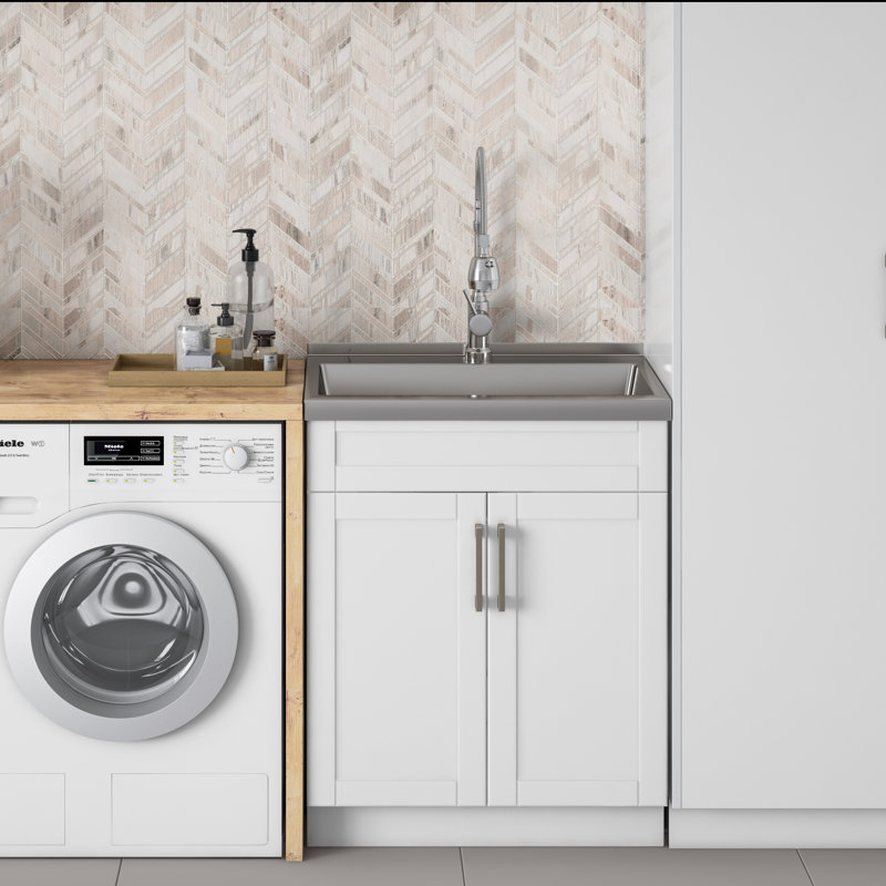Hennessy 28"W Utility Sink & Laundry Cabinet with High Arc Faucet and Stainless Steel Sink, White