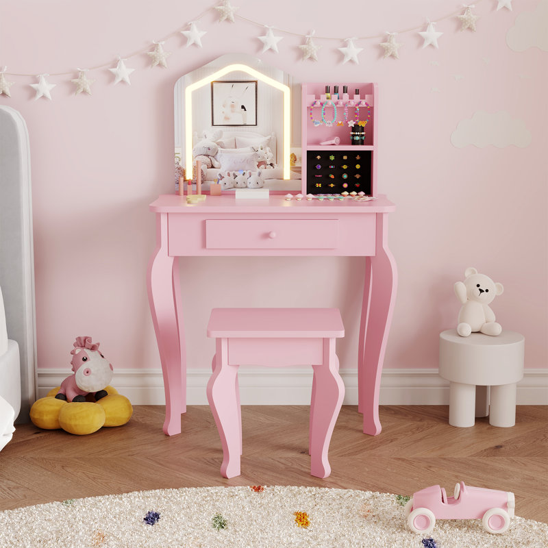 Ensemble de coiffeuse pour enfants avec miroir et tabouret, table de maquillage pour petites filles avec ensemble de jeu pour les enfants de 3 à 8 ans
