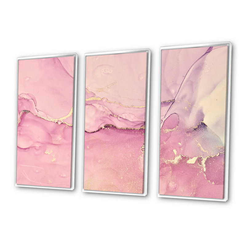 «Pink Marble Waves II», reproduction sur toile flottante 3 pièces, H 28 po x l 36 po x P 1 po, Blanc