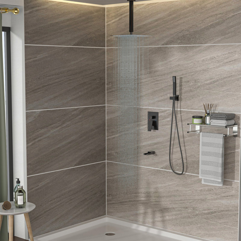 Shower System With Waterfall Tub Spout,16 Inch Ceiling Mount Square Shower System With Rough-In Valve, Oil Rubbed Bronze