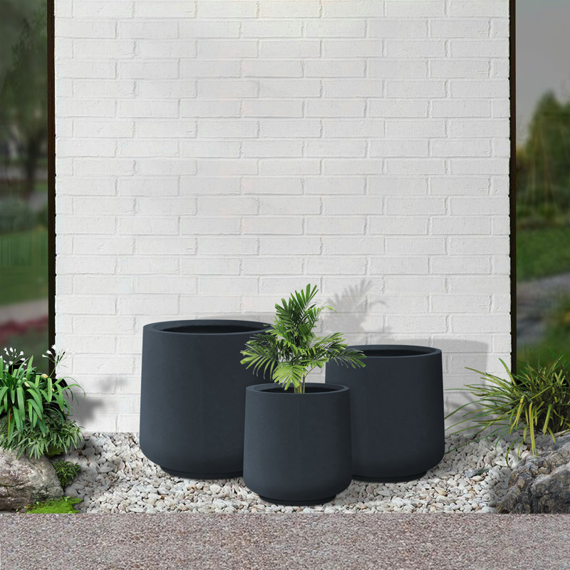 Kante Charcoal Concrete Round Planters with Drainage Holes Set