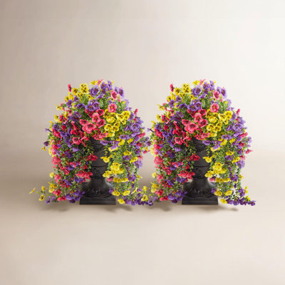Artificial Pansy Flowers With Black Urn Planter - 26In Faux Potted Flowers With 660 Blooms, Fake Hanging Flowers For Covered Porch Patio Entryway Balcony Decor