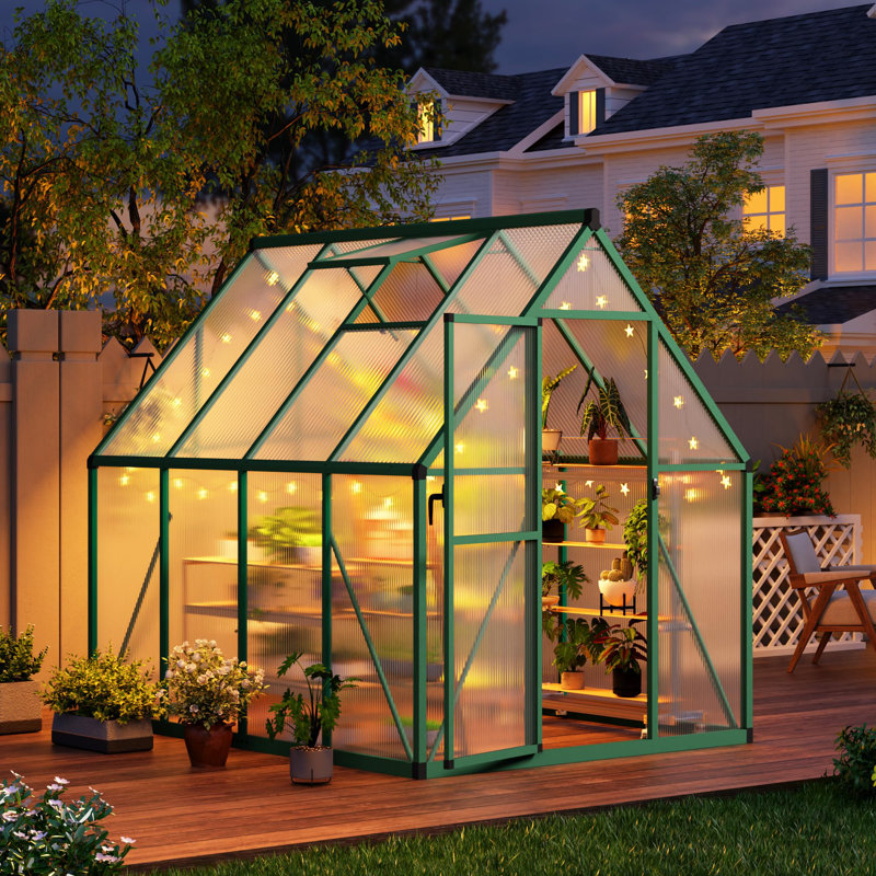 Heavy Duty 6x7 FT Polycarbonate Walk-In Greenhouse with Sturdy Aluminum Frame - Lockable Door - Adjustable Roof Vent - Easy Assembly for Outdoor Garden, Backyard - Green