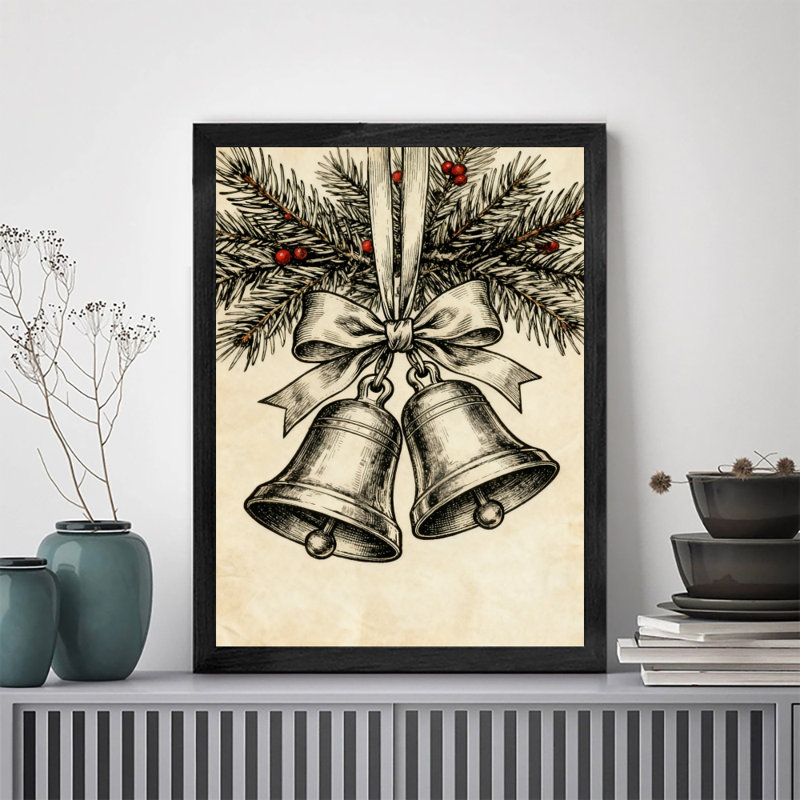Reproduction d'art de cloche de Noël rétro encadrée noire, H 11 po x l 9 po