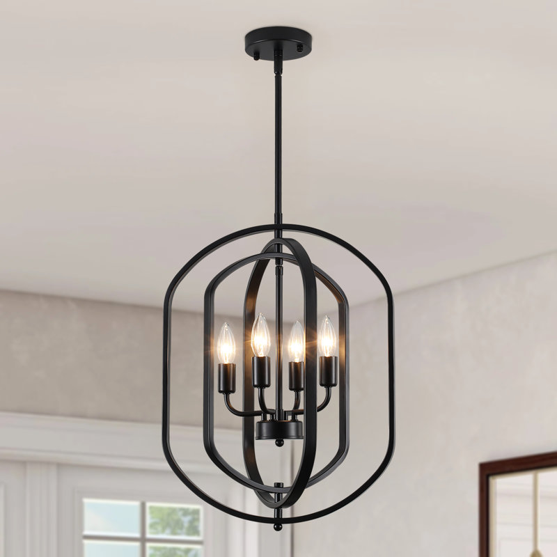 4-Light 16 in. Black Modern Geometric Chandelier Adjustable Lantern Pendant Light Fixture for Dining Room, Matte Black
