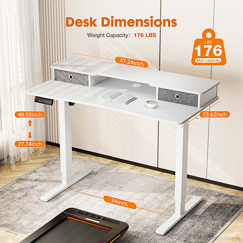 Bureau debout à hauteur ajustable Marzena, H 52 po x l 48 po x P 23 po, Blanc / blanc