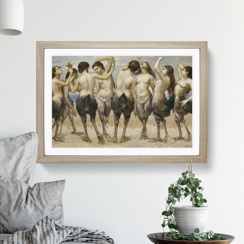 Eight Women in Bird Bodies by Hans Thoma - Picture Frame Painting, 36cm H x 48cm W x 2cm D, Oak Framed