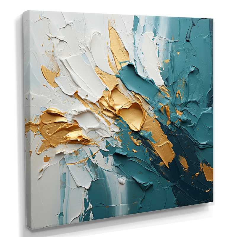 Teal Gold Ocean Bliss - vagues côtières, art mural, Toile tendue, H 16 po x l 16 po x P 1 po