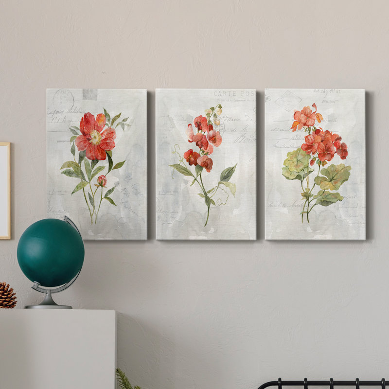 Lin géranium - ensemble de 3 peintures sur toile tendue, H 36 po x l 24 po x P 1 po