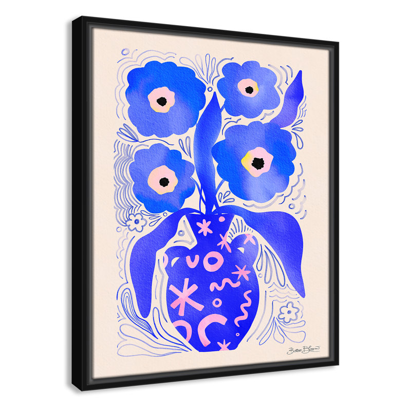 «Blue Flowers Matisse» par Bloom, Toile avec cadre, Cadre flottant noir, L 17,5 po x H 21,5 po