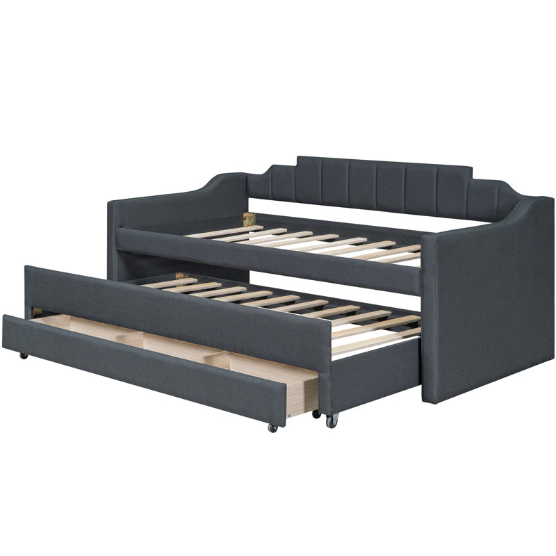 Grey Twin-Size Daybed With Trundle And Drawer Box - Stable Fashionable Upholstered Twin Drawers Strong Construction, Gray